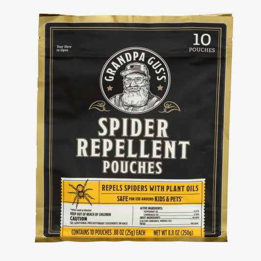 Grandpa Gus's Spider Repellent Pouches packaging on a white background