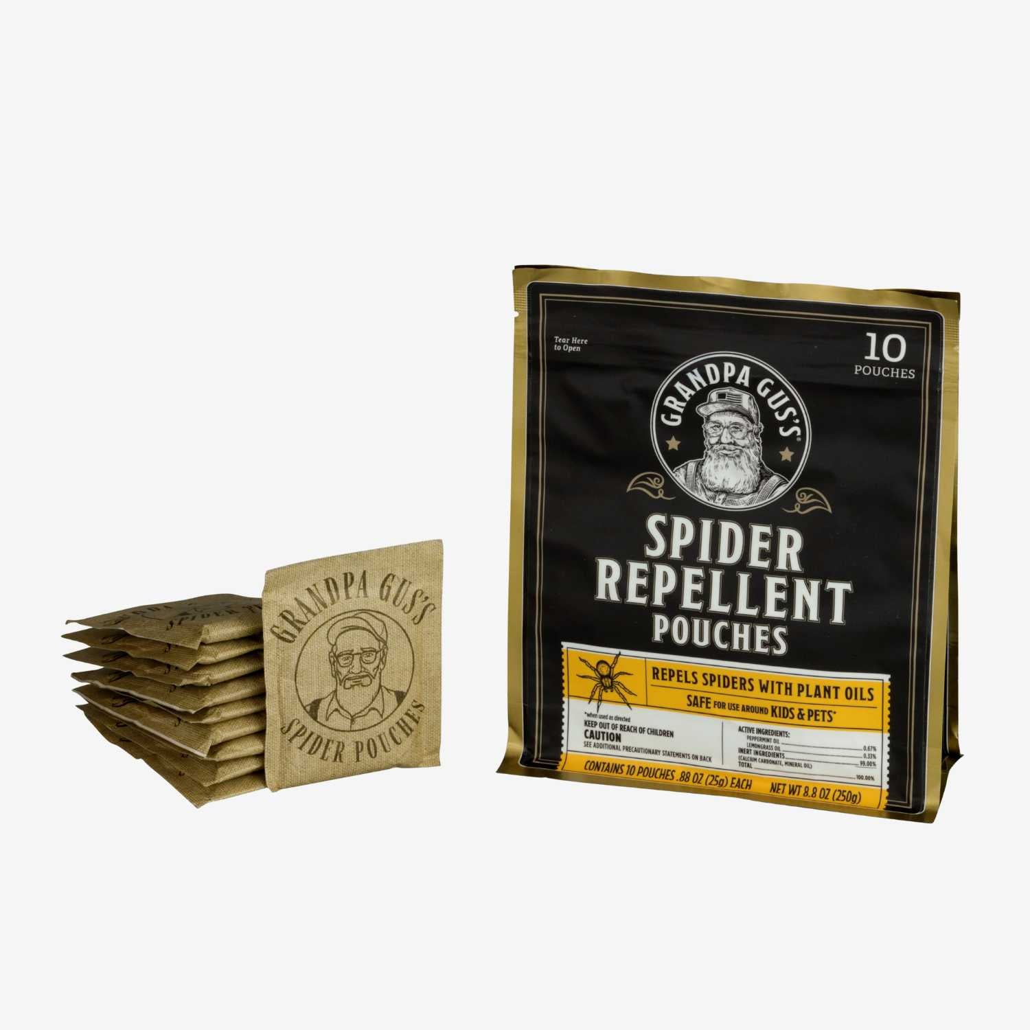Grandpa Gus's Spider Repellent Pouches packaging on a white background