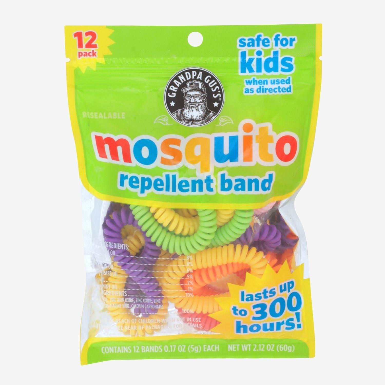 Pack of colorful mosquito repellent bands with Grandpa Gus branding on a white background