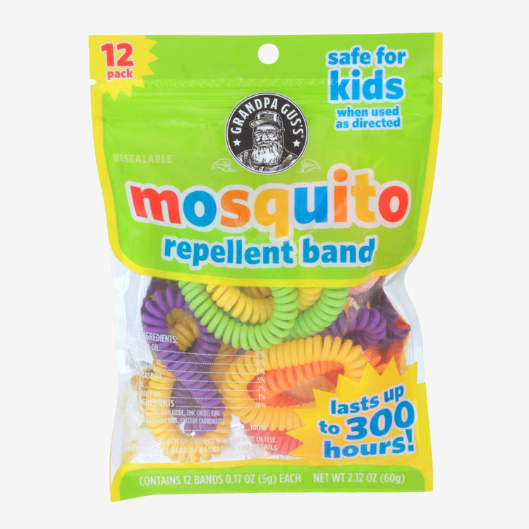 Pack of colorful mosquito repellent bands with Grandpa Gus branding on a white background