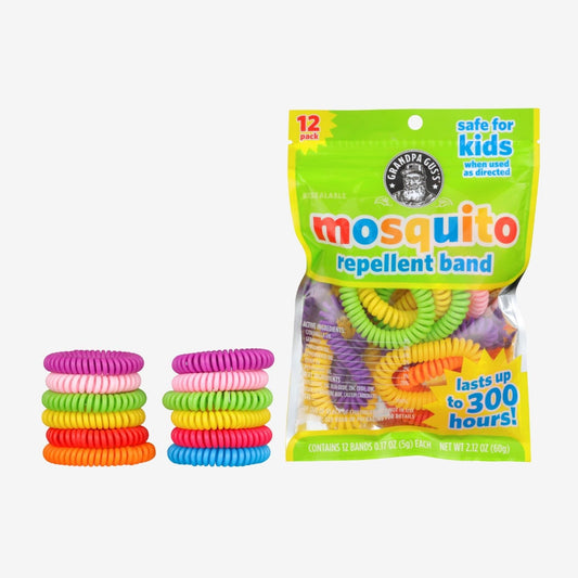 Pack of colorful mosquito repellent bands with packaging on a white background