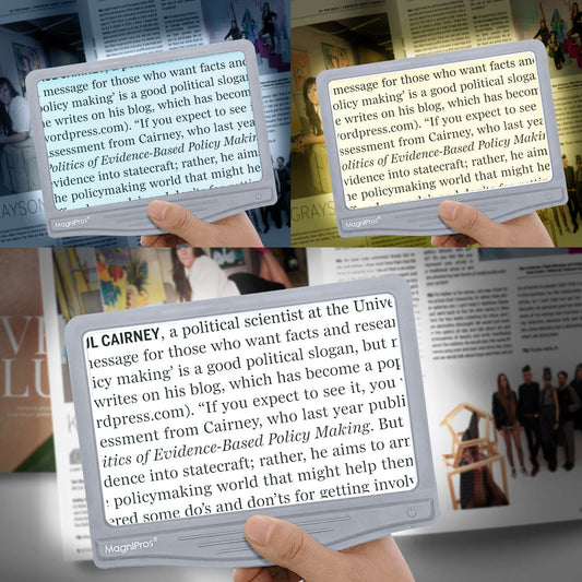 Magnifying device on a newspaper with USB cable, showing text enlargement.