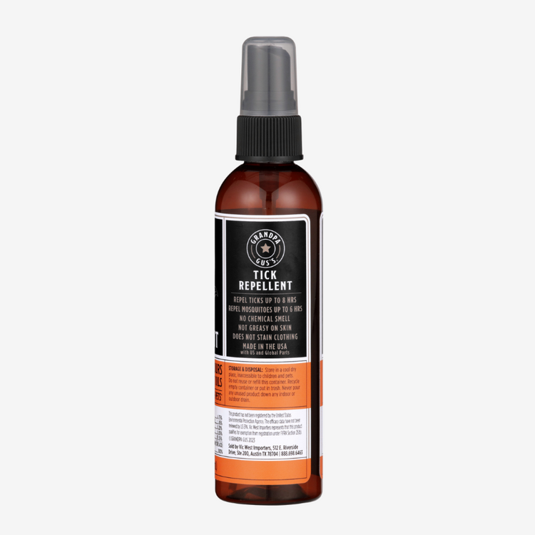 Tick repellent spray bottle with label on a white background