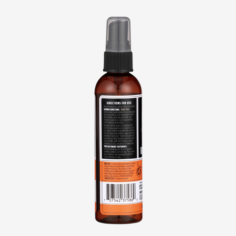 Brown spray bottle with a label on a white background