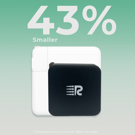 Black power adapter with foldable plug on a white background