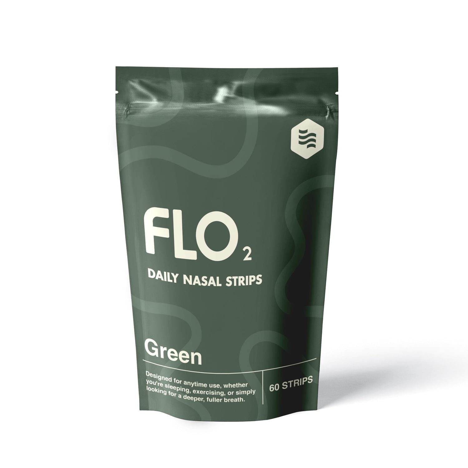 Green package of FLO2 daily nasal strips on a white background