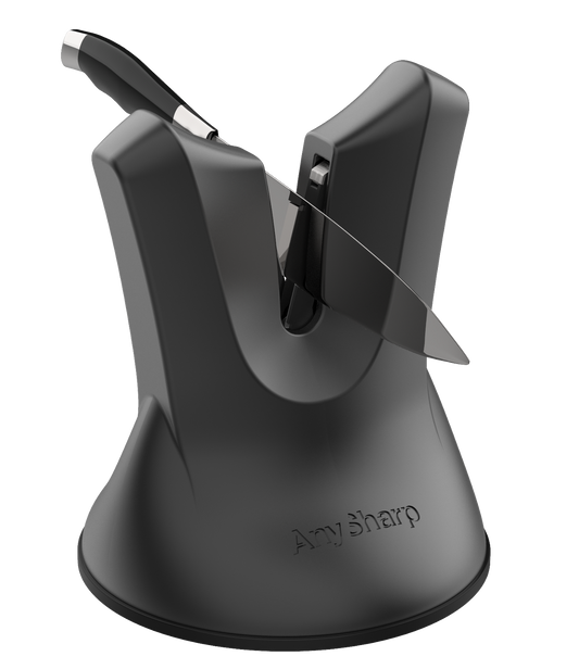 A black, professional knife sharpener with a suction cup base and a metallic blade.