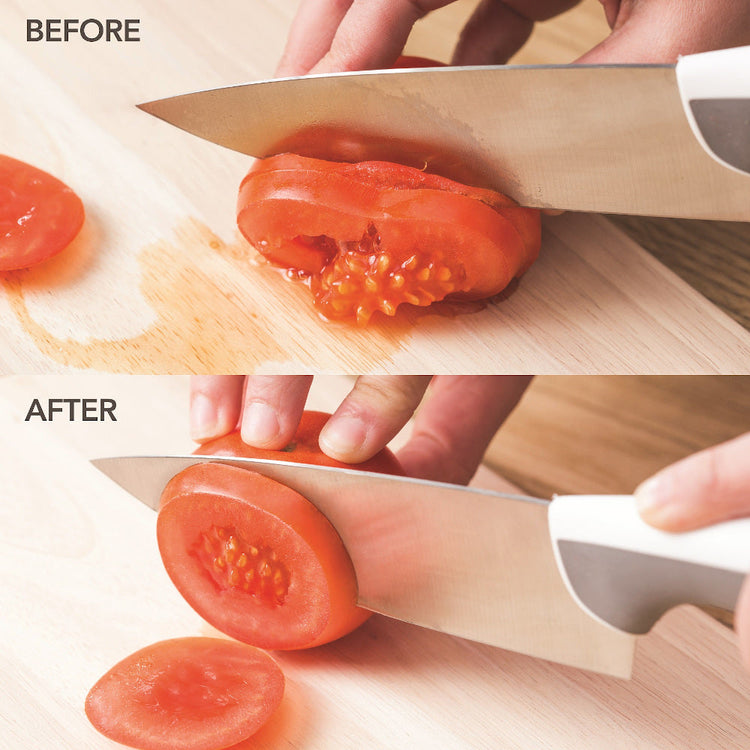Before and after comparison of cutting a tomato with a sharp knife on a wooden cutting board.