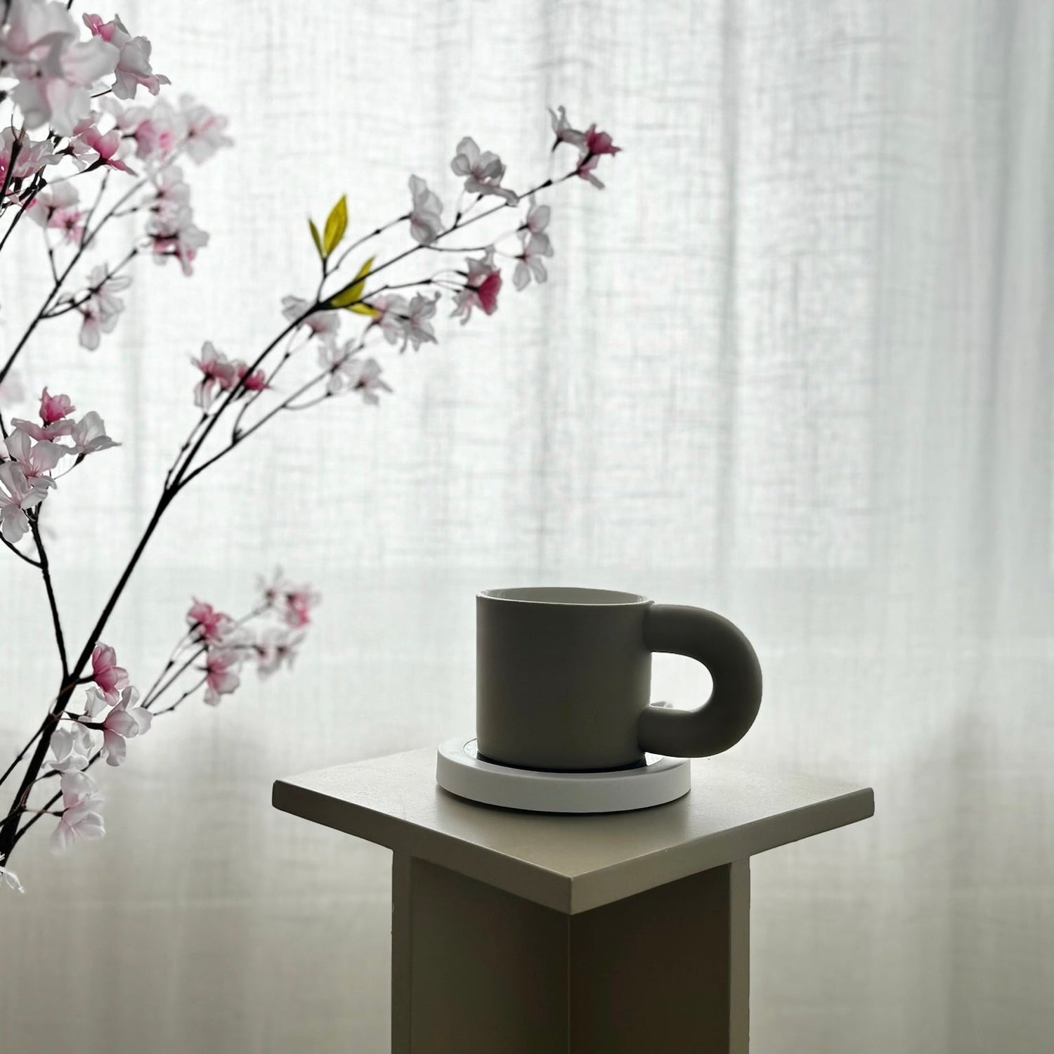 Gray mug on a white coaster with cherry blossom branches against a white curtain background