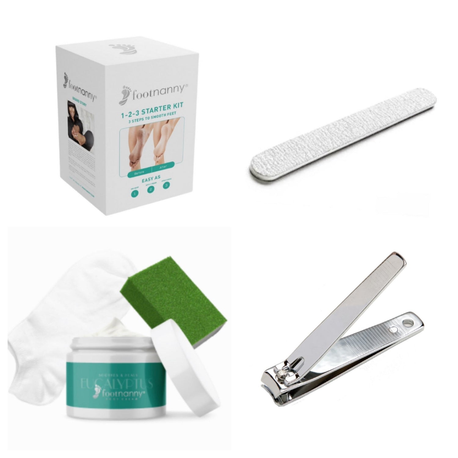 Foot care product set including a box, nail file, cream jar, and nail clippers on a white background.