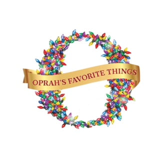 Decorative wreath with colorful flowers and a banner reading 'Oprah's Favorite Things' on a white background.