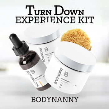 Bodynanny skincare product set including a dropper, jar, and sponge on a white background.
