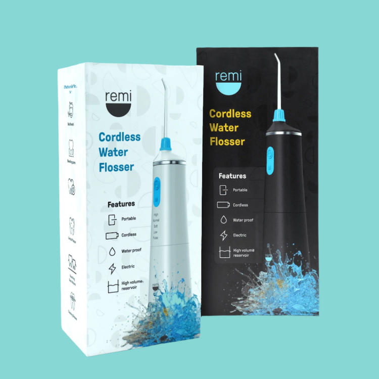 Remi cordless water flosser packaging on a teal background