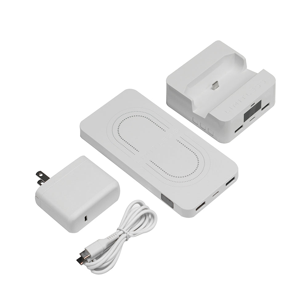 Set of electronic components including a power adapter, charging cable, and two white devices on a white background.