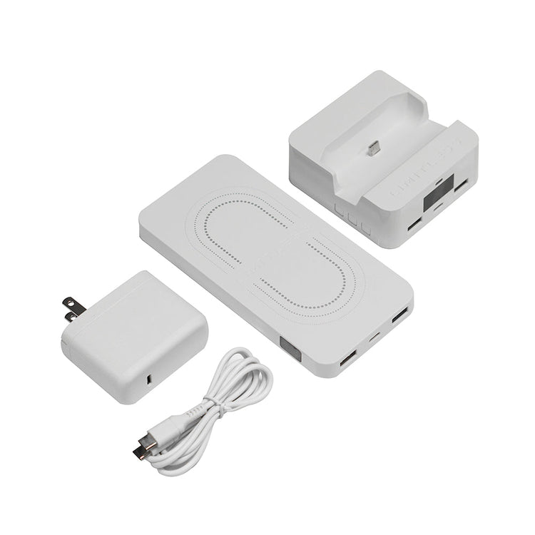 Set of electronic components including a power adapter, charging cable, and two white devices on a white background.