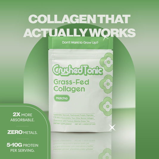 Package of Crushed Tonic Grass-Fed Collagen Matcha on a white background