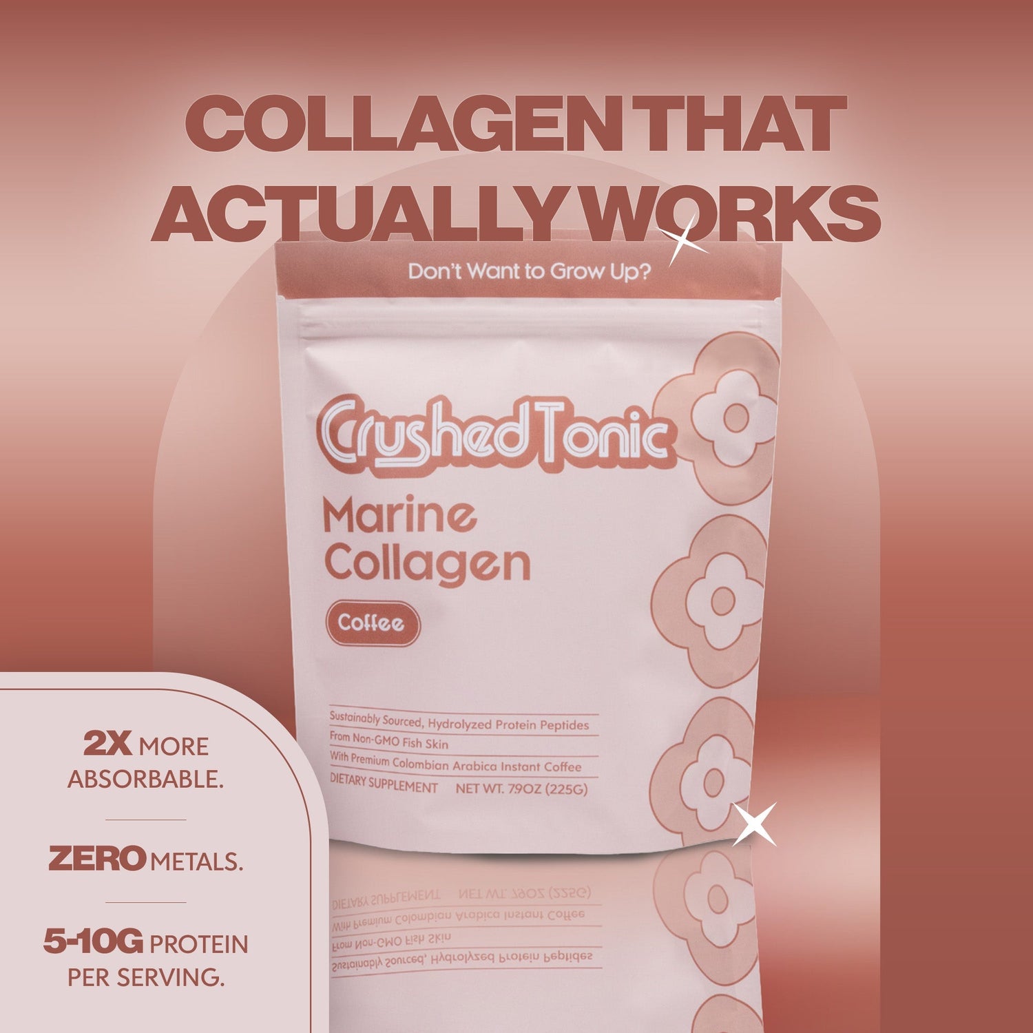 Package of Crushed Tonic Marine Collagen with promotional text on a pink background