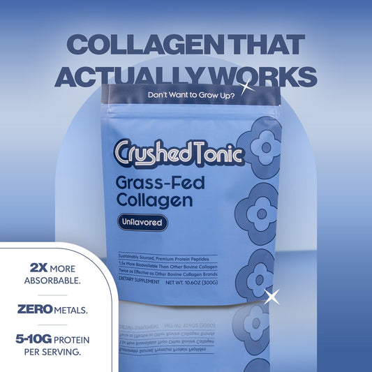 Blue package of Crushed Tonic Grass-Fed Collagen on a white background