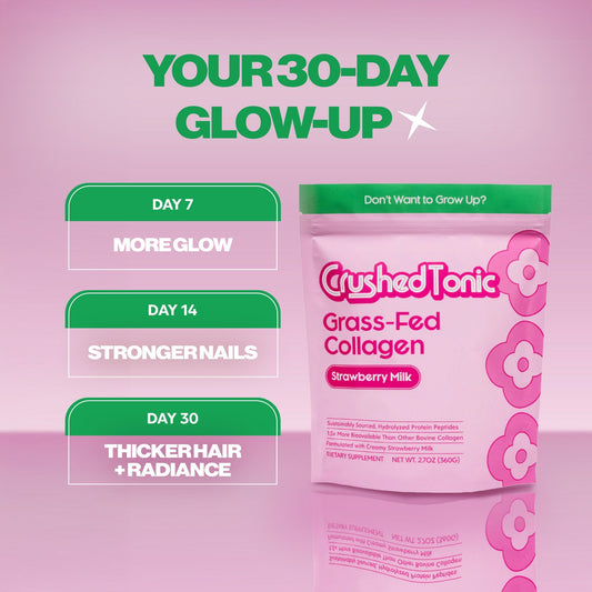 Pink package of Crushed Tonic Grass-Fed Collagen Strawberry Milk flavor on a white background