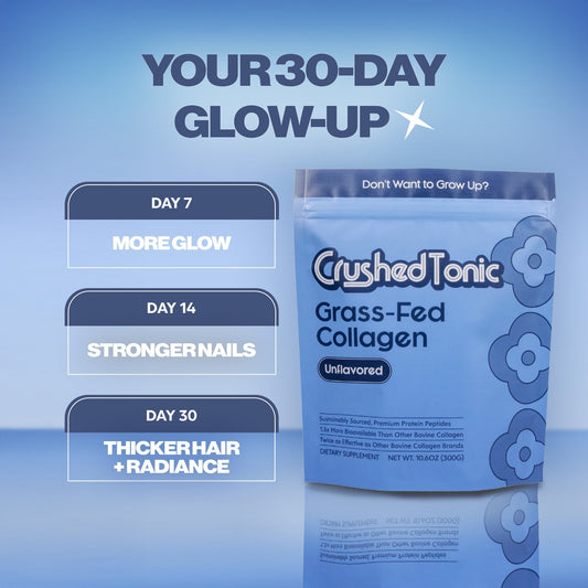 Blue package of Crushed Tonic Grass-Fed Collagen on a white background