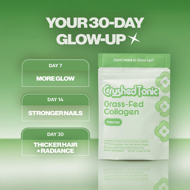 Crushed Tonic Grass-Fed Collagen package with 30-day plan on a green background