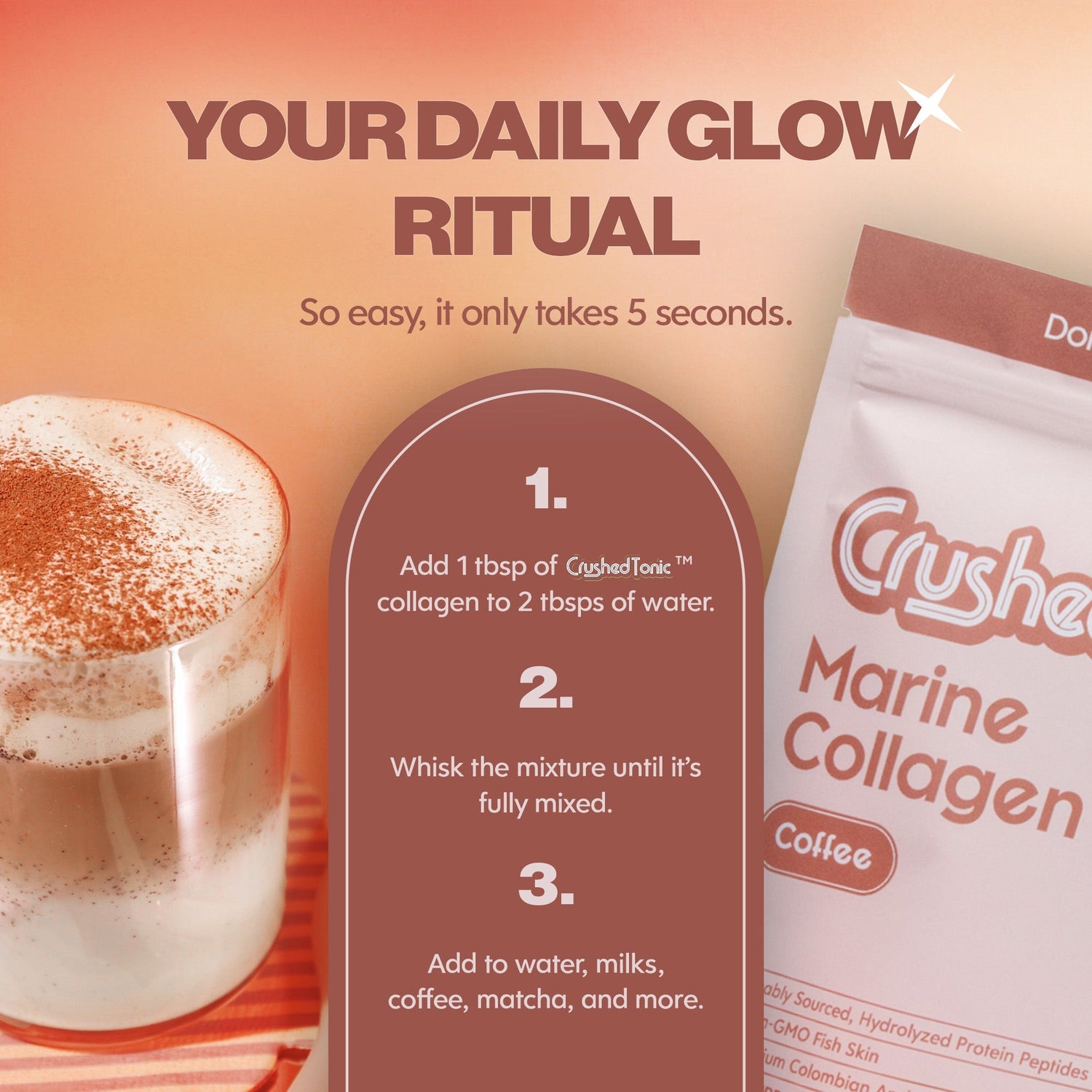 Crush collagen product with a glass of coffee and step-by-step instructions on an orange background.