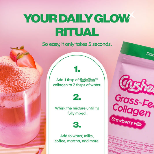 Pink package of Crushed Tonic Grass-Fed Collagen Strawberry Milk flavor on a white background