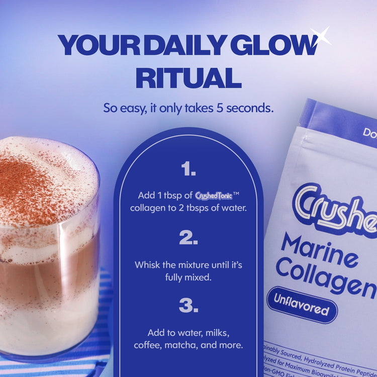 Advertisement for Crushed Marine Collagen with a glass of a frothy drink and product packaging.