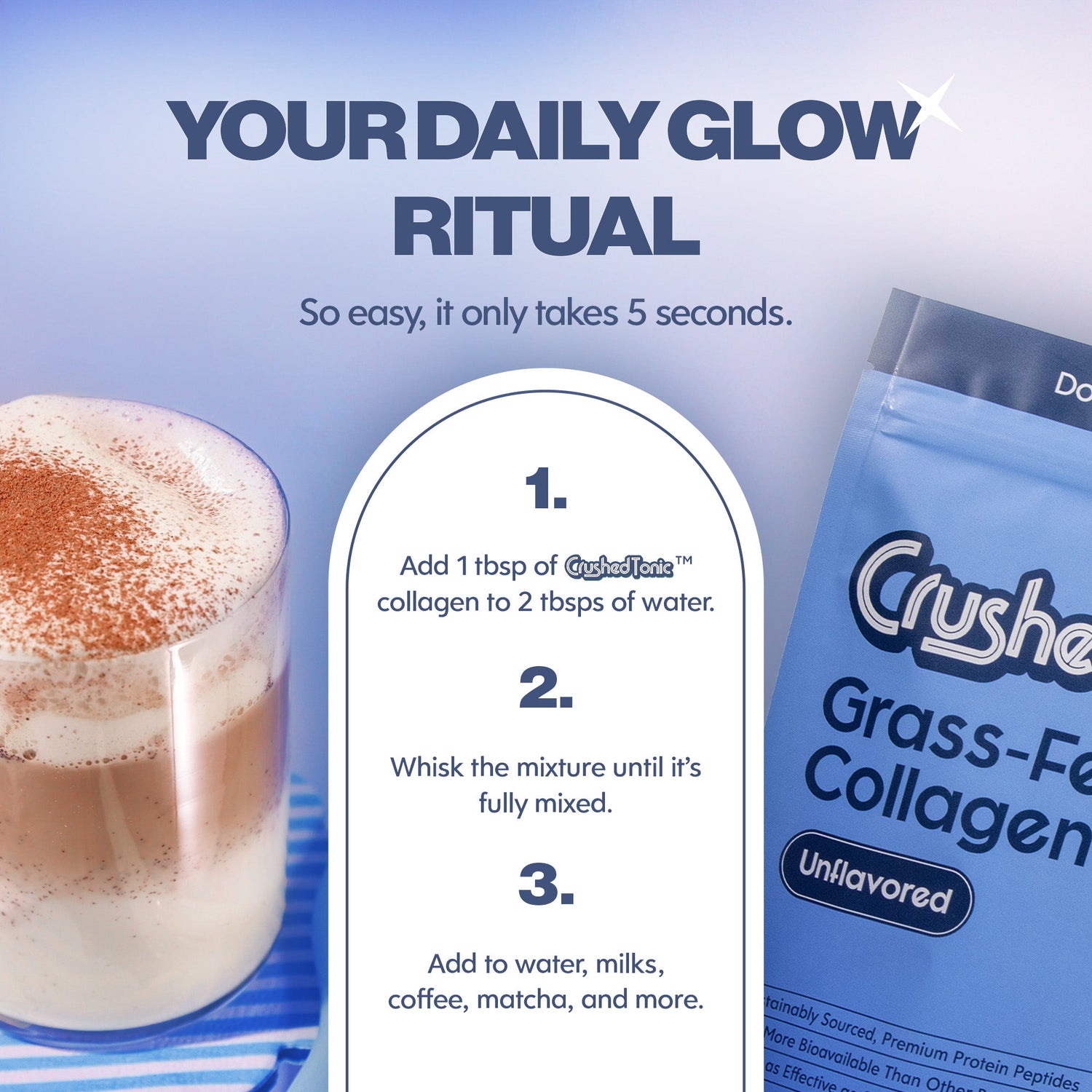 Advertisement for Crusher Grass-Fed Collagen with a glass of a warm beverage and step-by-step instructions.