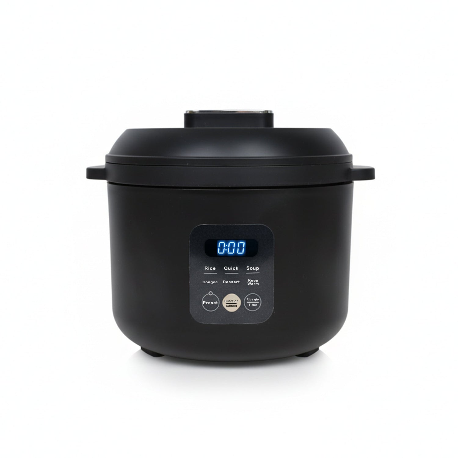 Black rice cooker with digital display on a white background