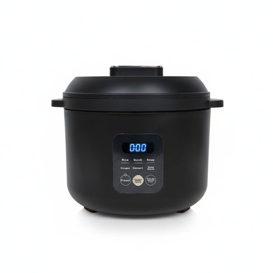 Black rice cooker with digital display on a white background