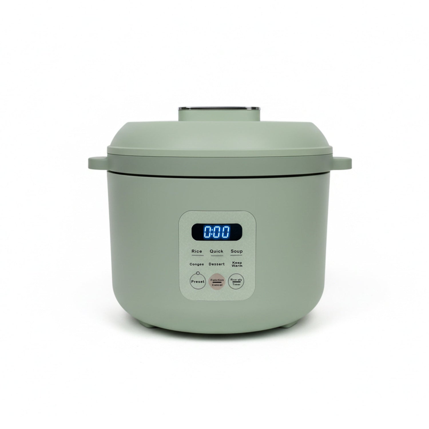 Green rice cooker with digital display on a white background