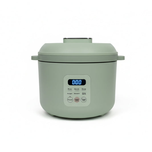Black rice cooker with digital display on a white background