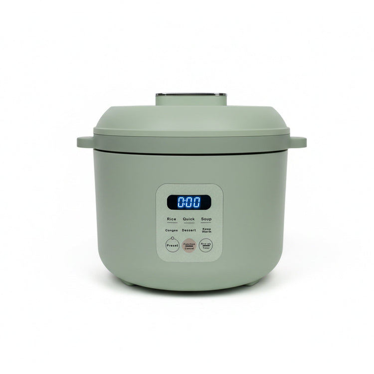 Green rice cooker with digital display on a white background