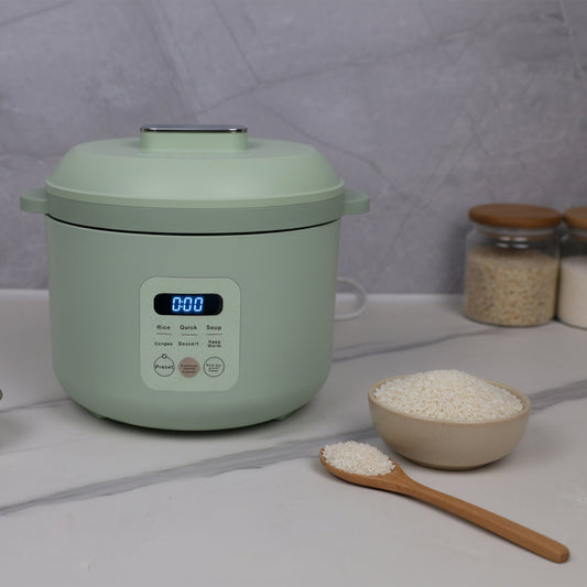 Black rice cooker with digital display on a white background