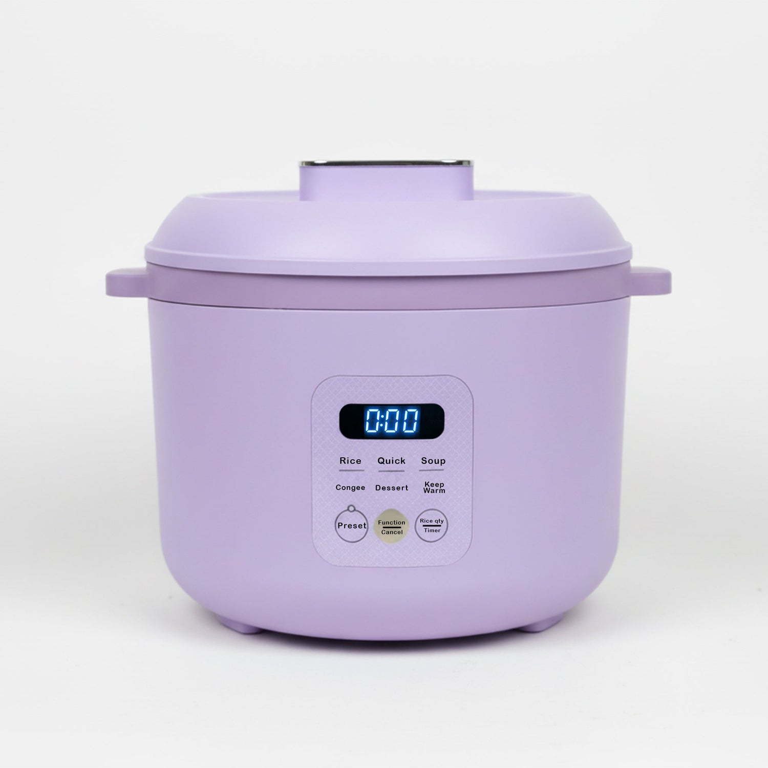 Purple rice cooker with digital display on a white background