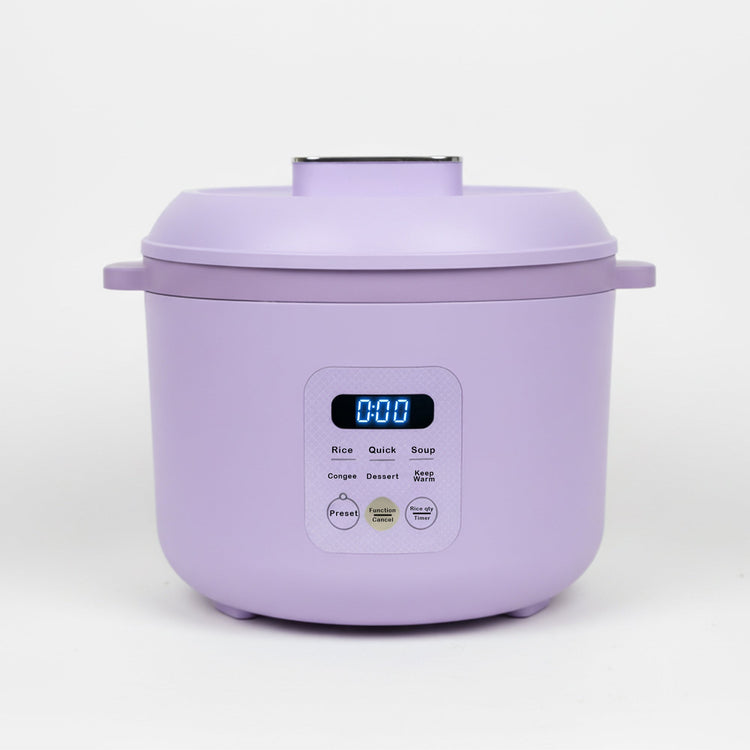 Purple rice cooker with digital display on a white background