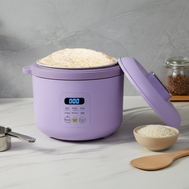 Purple rice cooker with white rice on a gray background