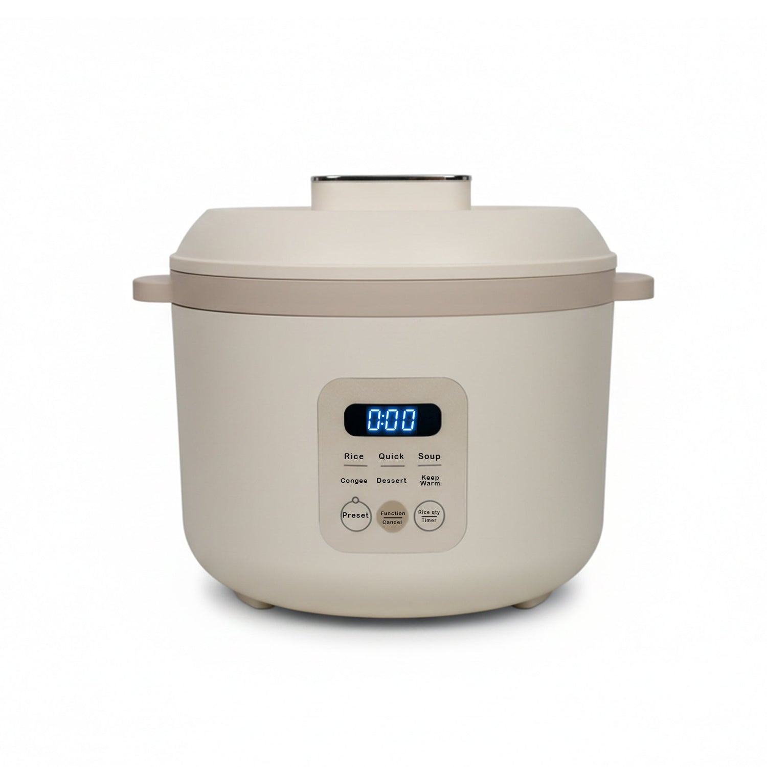 Beige electric rice cooker with digital display on a white background