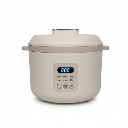 Black rice cooker with digital display on a white background