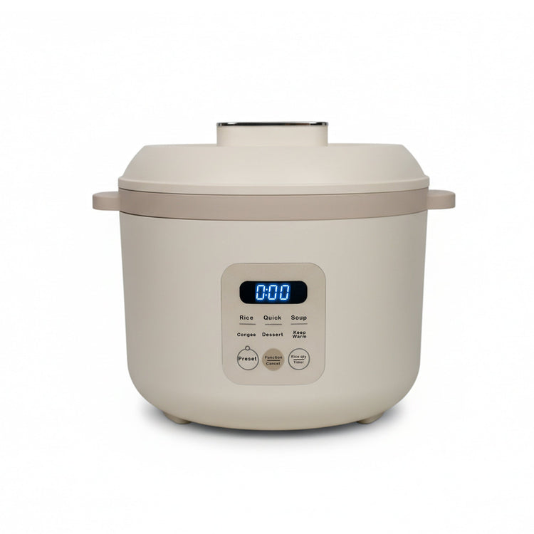 Beige electric rice cooker with digital display on a white background