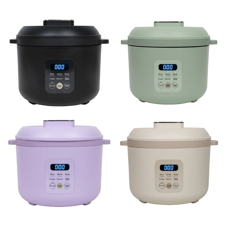 Four different colored rice cookers with digital displays on a white background