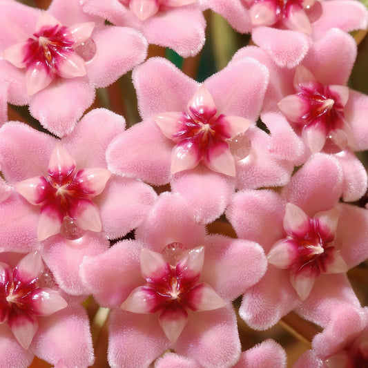 Hanging plant with pink flower ball in front of a window with blinds