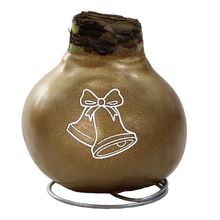 Decorative brown vase with a white bell design on a white background