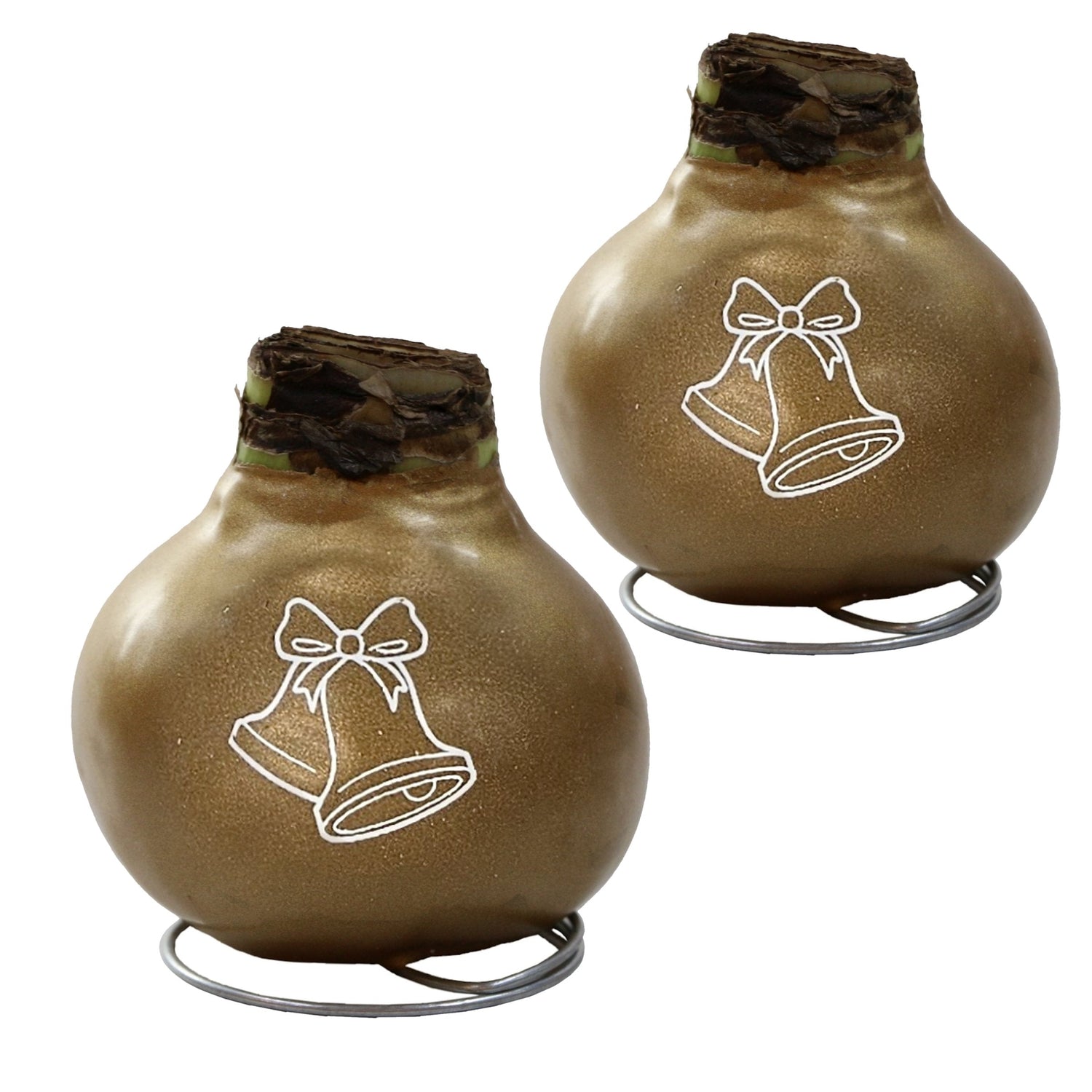 Two brown decorative items with white bell and bow designs on a white background