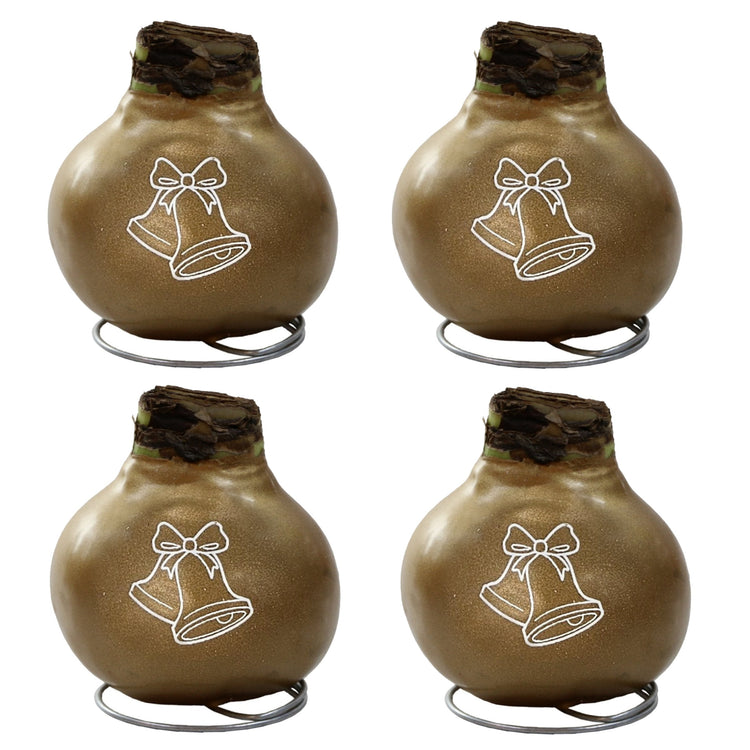 Four brown gourds with white bell designs on a white background