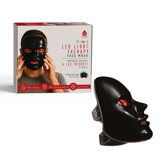 Black LED light therapy face mask with packaging on a white background