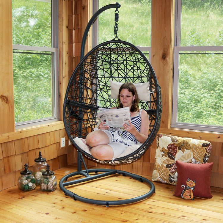 Sunnydaze Caroline Hanging Egg Chair with Stand - Resin Wicker - Beige Cushions