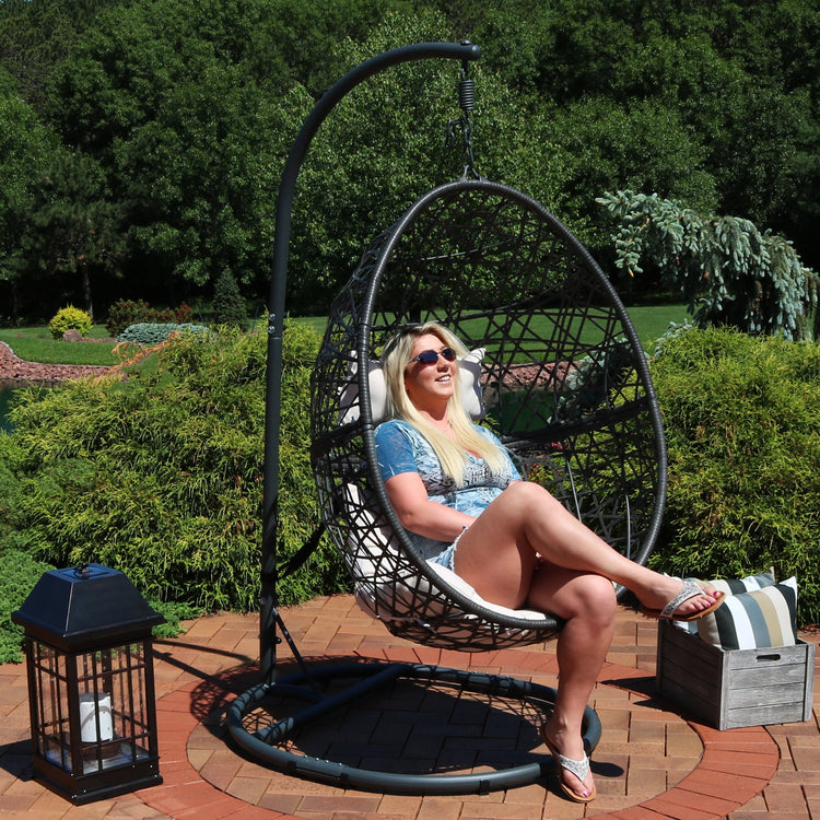 Sunnydaze Caroline Hanging Egg Chair with Stand - Resin Wicker - Beige Cushions