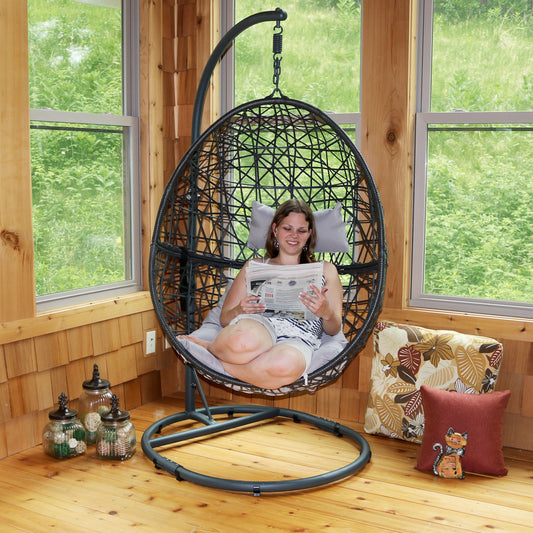 Sunnydaze Gray Caroline Hanging Egg Chair with Stand - Resin Wicker